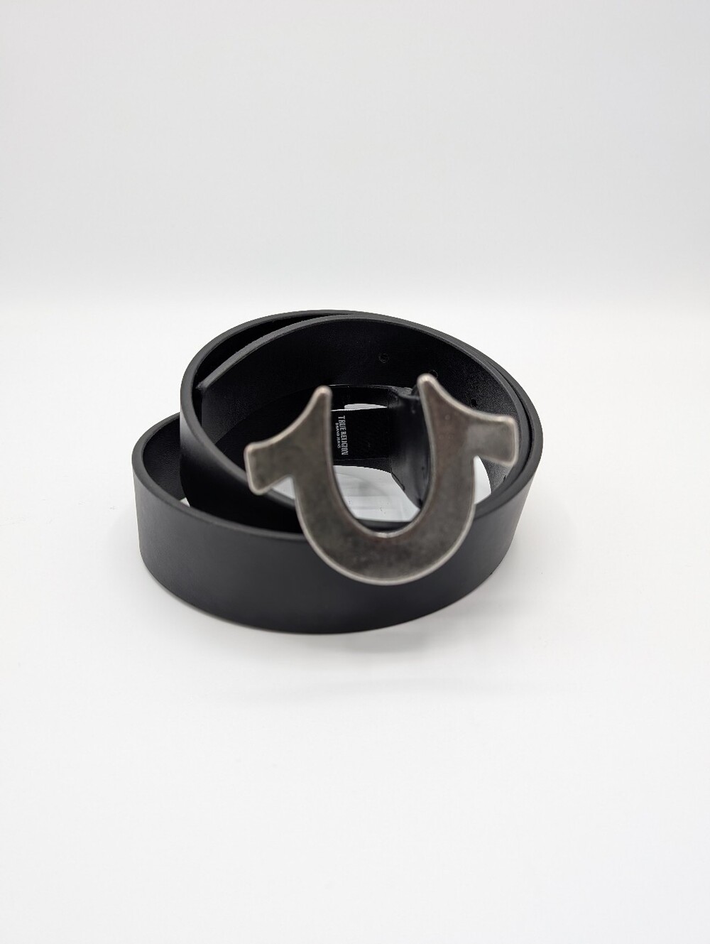 True Religion Belt 36 Black Faux Leather with Silver Horseshoe Buckle Casual